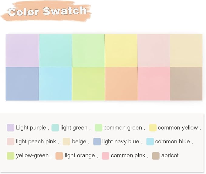 Sticky Notes 3x3 Inch, 12 Pack, 12 Pastel Multi Colors Note Pads, 50 Sheets/Pad, Perfect for Office, School, and Home Organization