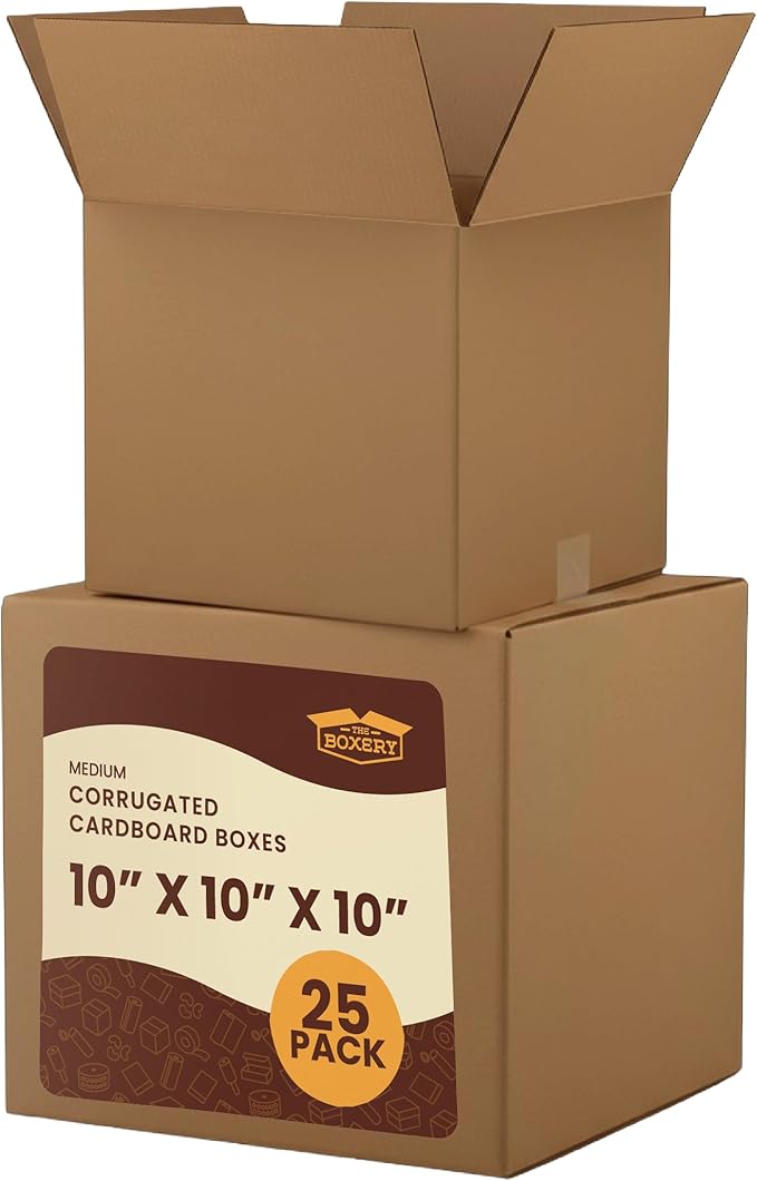 The Boxery Cube 10 x 10 x 10-inch Corrugated Cardboard Boxes, Medium | Pack of 25 for Shipping, Moving, and Storage, Curbside Recyclable, Strong Wholesale Bulk Boxes