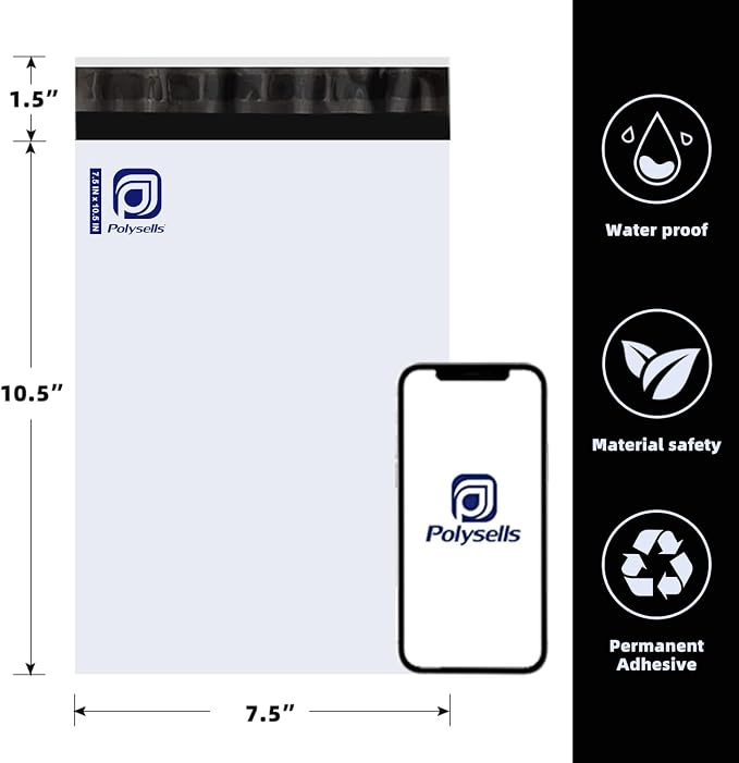 POLYSELLS Poly Mailers Shipping Envelopes, Strong Adhesive Sealing, Waterproof, and Tear-resistant Postal Mailing Bags for Clothing, Books, and Accessories (White, 7.5x10.5 Inch, 1000 pcs)