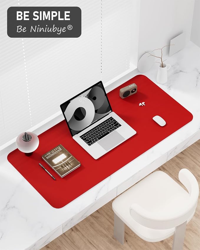 Desk Pad, 30" x 14" PU Leather Non-Slip Desk Mat Large Mouse Pad for Desktop, Waterproof Laptop Computer Writing Mat for Office, Home, Work, Gaming, Bright Red