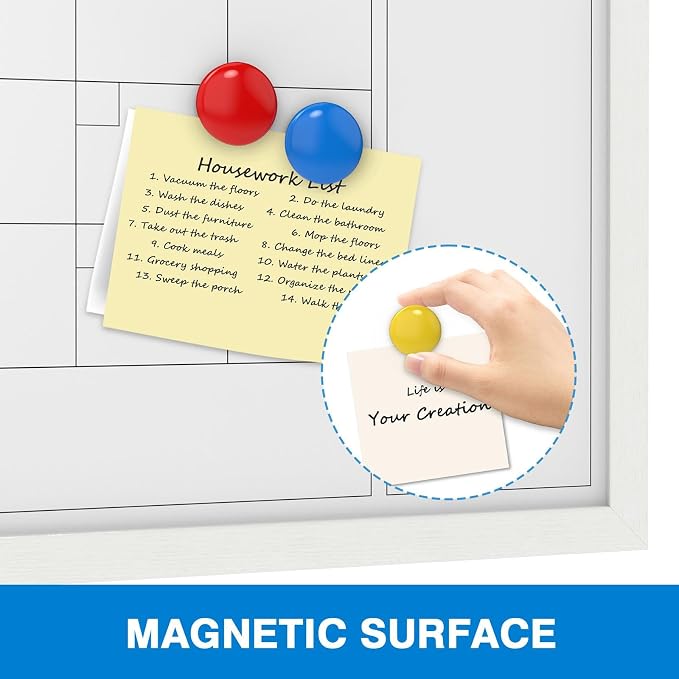 Comix Magnetic Monthly Calendar Whiteboard, 24 x 18 Inches White Wooden | Modern white wood frame magnetic monthly calendar whiteboard, decorative wall planner for home, kitchen, school and office