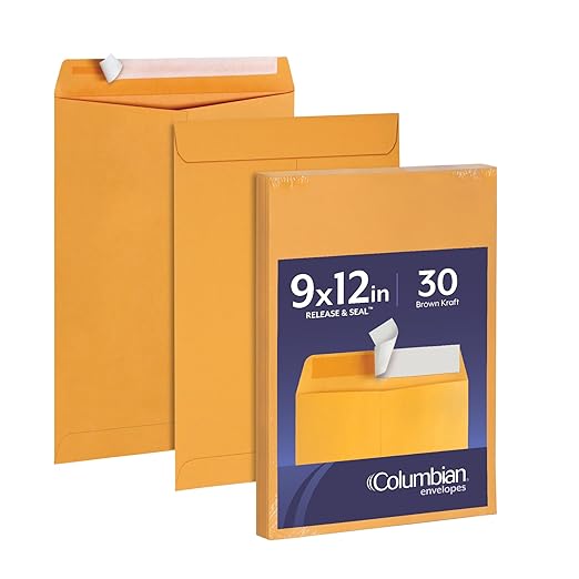 Columbian 9 x 12 Catalog Envelopes, 30 Pack, Document Envelopes with Self Seal Closure, Heavyweight 28 lb Paper, Self Sealing Envelopes for Mailing, Filing and Organizing, Brown Kraft