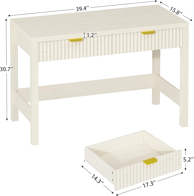 39 Inch Small Fluted Computer Desk with 2 Drawers for Bedroom, Home Office | Small Computer Desk with Storage for Bedroom, Compact Writing Study Desk for Small Spaces, White