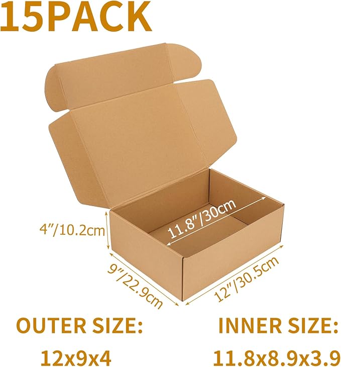 PHAREGE 12x9x4 Inch Shipping Boxes 15 Pack Brown, Tab Lock Tuck Top Mailer Boxes for Packaging Small Business, Cardboard Gift Boxes for Wrapping Mailing Present
