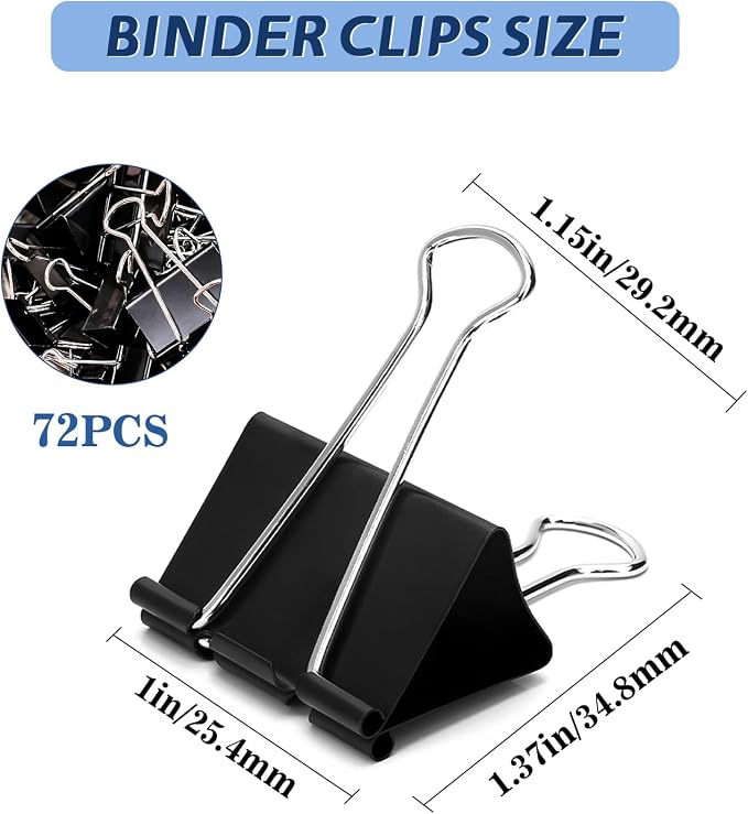 72Pack Medium Binder Clips,1inch Black Paper Clips Metal Bulk Clip | Office Clips with Storage Container for Office, Home, School,Documents, Files,Desk Organization
