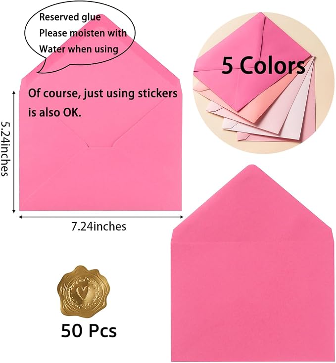 50 Pack Colored A7 Invitation Envelopes 5x7 Pink, 5 1/4 x 7 1/4 in | 5 Colors Envelopes with Gold Stickers For Cards and Invitations