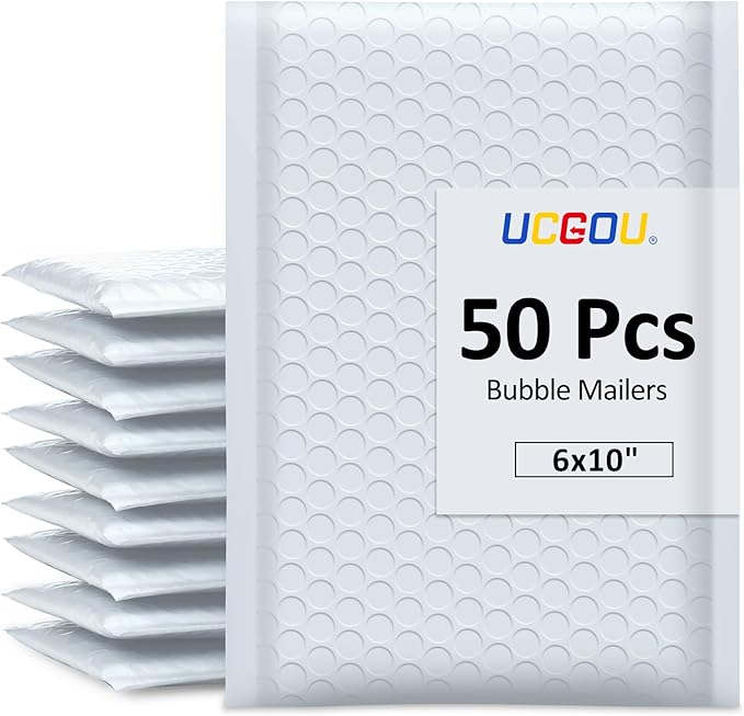 UCGOU Bubble Mailers 6x10 Inch White 50 Pack Poly Padded Envelopes Small Business Mailing Packages Opaque Self Seal Adhesive Waterproof Boutique Shipping Bags for Jewelry Makeup Supplies #0
