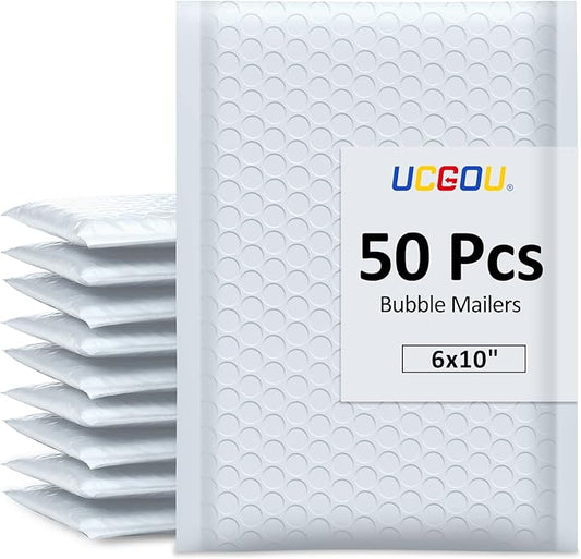 UCGOU Bubble Mailers 6x10 Inch White 50 Pack Poly Padded Envelopes Small Business Mailing Packages Opaque Self Seal Adhesive Waterproof Boutique Shipping Bags for Jewelry Makeup Supplies #0