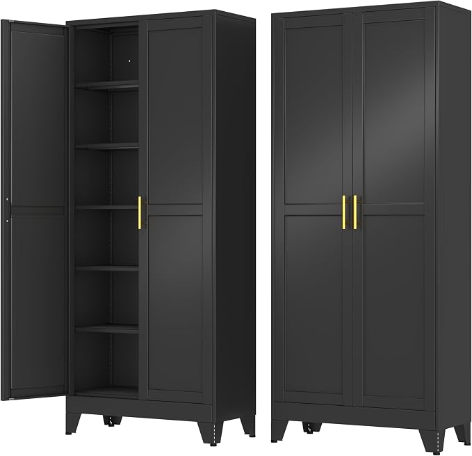 Metal Storage Cabinet with 2 Doors and 5 Adjustable Shelves - 74.8" Steel File Cabinet,Tool Cabinets for Office,Home,Garage,Gym,School (Black)
