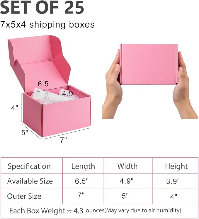 7x5x4 inch Pink Shipping Boxes for Small Business- Set of 25 | Sturdy ECT 32 Corrugated Cardboard Mailer Boxes, Easy Assemble for Packaging, Mailing, Gift