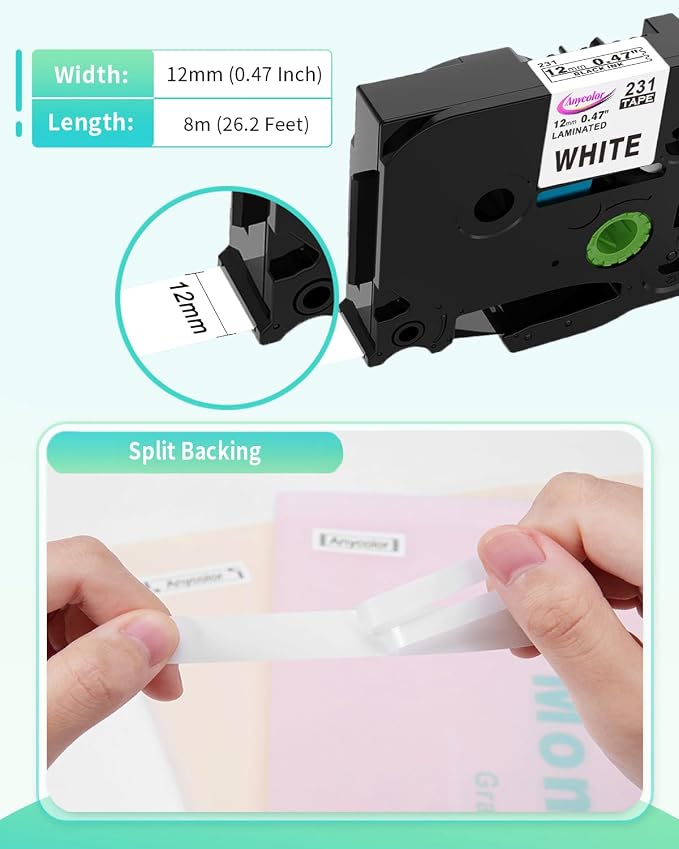Anycolor 6 Pack Compatible with Brother P Touch 12mm 0.47 Inch Laminated | TZe Label Maker Tape TZe TZ Tape for Brother Ptouch PT-D220 PT-D210 PT-H110 D410 D600, White/Silver/Red/Blue/Yellow/Green