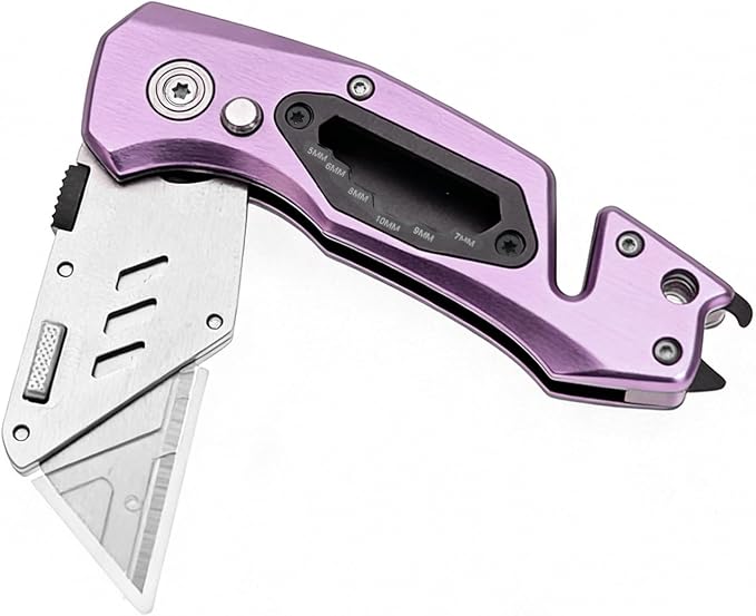 Utility Knife Folding Safety Lock Quick Change with 10 Extra SK5 Replacement Blade Lightweight Aluminum Handle & Pocket Clip Multi-Use Box Cutter Office Home Art Diy Great Gift Choice (UPG.V.Purple)