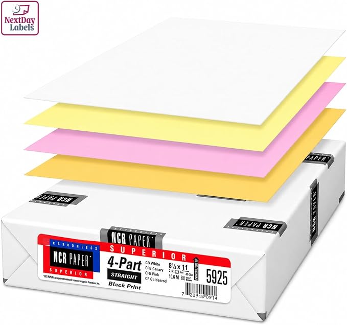 NextDayLabels 4 Part Straight Carbonless NCR Paper White Canary Pink Gold | 8.5" x 11" Pre-Collated Carbonless Copy Paper Delivers Clean Crisp Copies (500 Sheets) Works with Laser Inkjet Printers