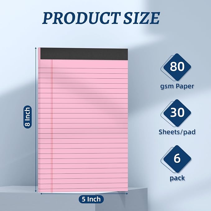 6 Pack 5 x 8 Inch Pink Legal Pads, Double-Sided Lined Notepads with Hard Backing for Office, School & Home, Thick Perforated No-Bleed Paper for Students, Teachers & Professionals