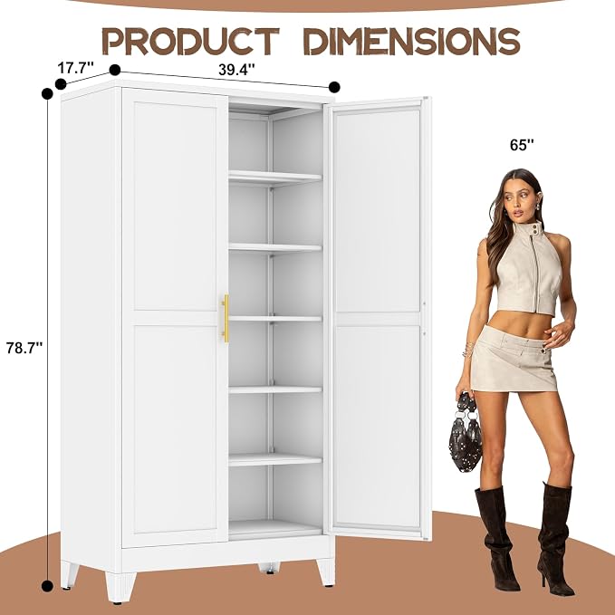 78.7" Tall Metal Pantry Cabinet, Freestanding Kitchen Storage Cabinet | with 2 Doors and 5 Adjustable Shelves, Versatile Storage Cupboard for Kitchen, Laundry, Dining & Utility Room, White