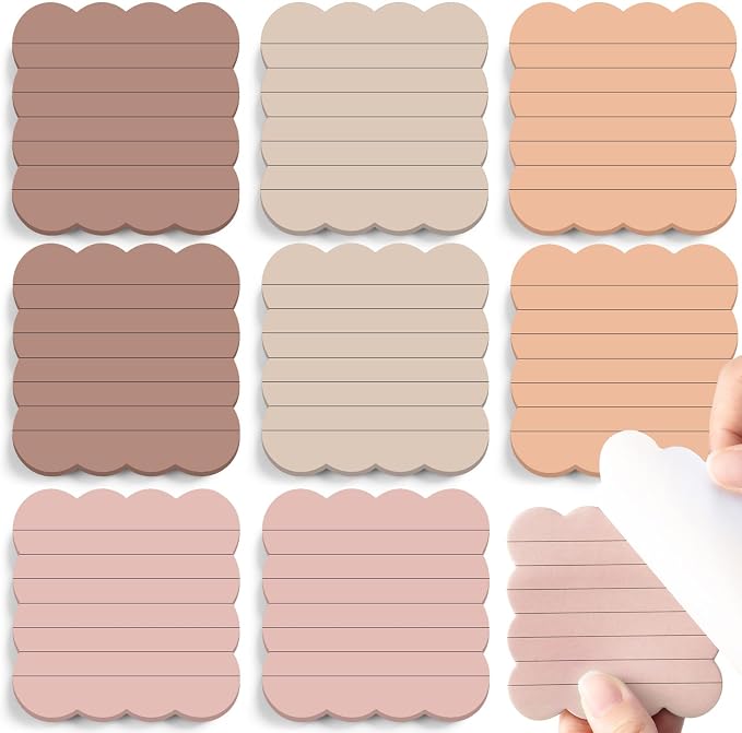 Eaasty 8 Pack Scalloped Sticky Notes Lined 3" X 3" Brown Memo Pads | Aesthetic Cute Wavy Edges, Self-stick for School Office Desk, 240 Sheets Bulk, Pretty Design for Reminders Planning