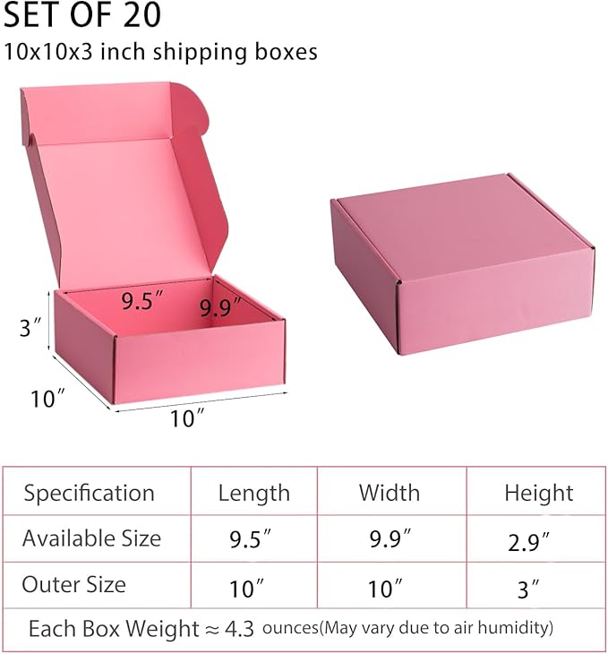 Small Shipping Boxes 10x10x3 Inches – Pink Corrugated Cardboard Boxes (20-Pack) for Mailing, Packing, Small Business & Gift Packaging - Recyclable & Sturdy