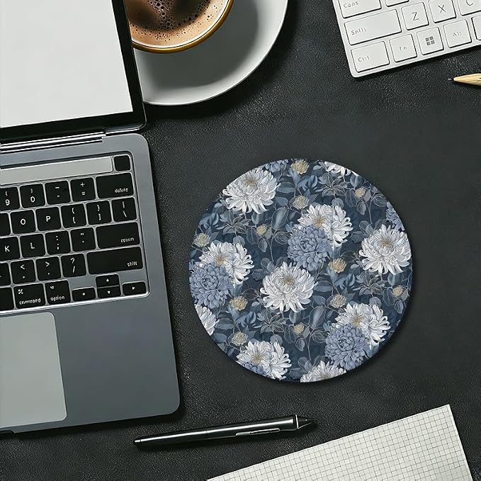 Vintage Blue Floral Round Mouse Pad, Oriental Dusty Blue Chrysanthemum Flower Botanical Mousepad Mat for Home Office Computer Laptop Desk Accessories 7.9x7.9 in