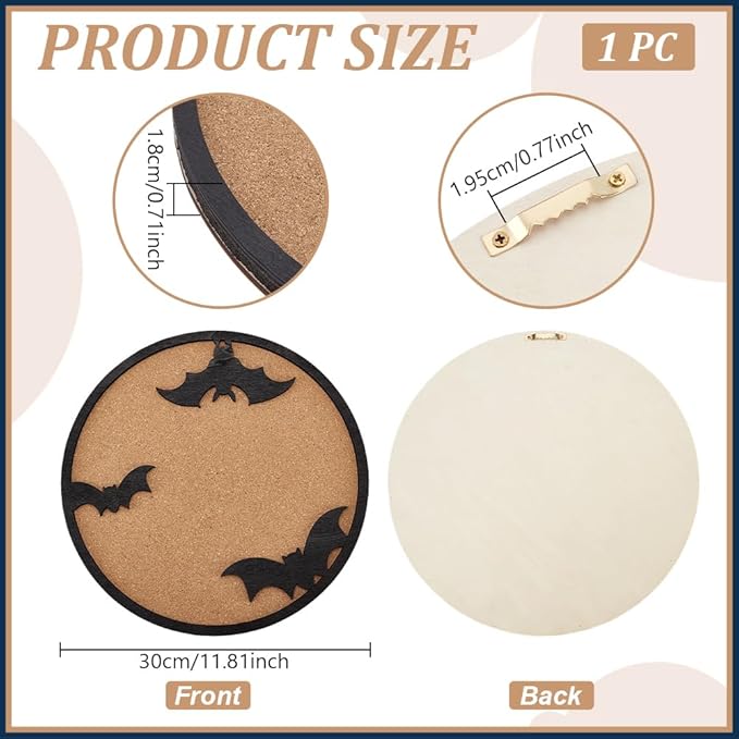 BENECREAT Round Cork Boards, Bats Pin Display Board, 11.8x0.7inch Bulletin Board Brooch Jewelry Display Cork Tray for Brooch Pin Storage, Halloween Decor