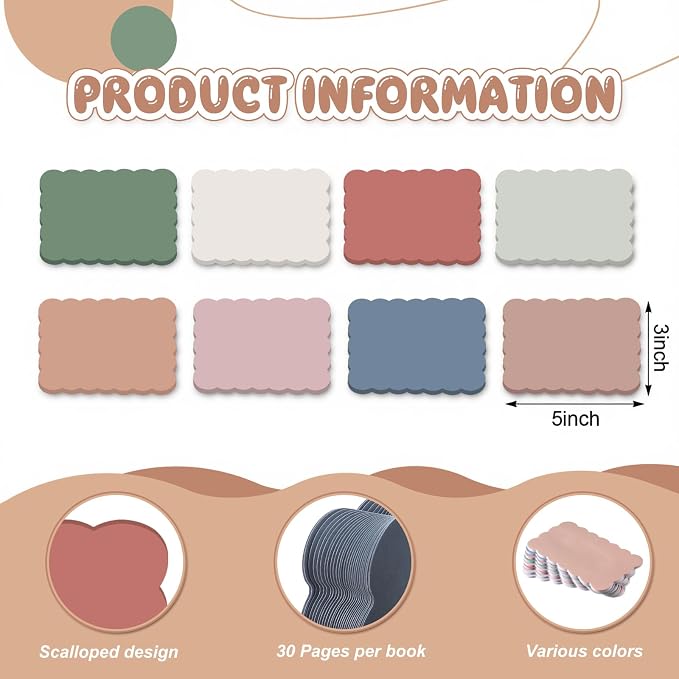 Eaasty 8 Pack Scalloped Sticky Notes 3" X 5" Vintage Memo Pads | Vintage Aesthetic Wavy Edges, Self-stick for School Office Desk, 240 Sheets Bulk, Cute Design for Reminders Planning