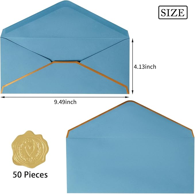 50 Pack #10 Business Envelopes with Gold Border, Self Seal Standard Envelopes with Gold Stickers for Office, Checks, Letter Mailing, Invoices, 4 1/8 x 9 1/2 Inches (Dusty-Blue)