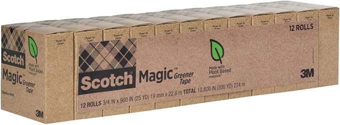 Scotch Magic Greener Tape, Invisible Tape for Fixing Paper, Office Supplies and Back to School Supplies, 0.75 in .x 900 in., 12 Rolls (Pack of 12)