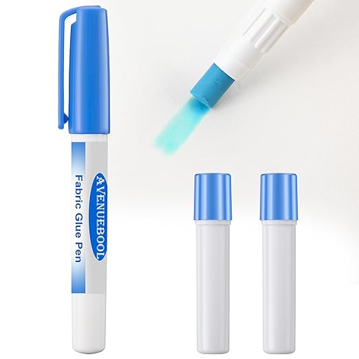 1 Fabric Glue Pen with 2 Refill, Washable Temporary Fabric Sewing Adhesive, Temporary Blue Glue Stick for English Paper, Quilting, Piecing Patchwork Sewing