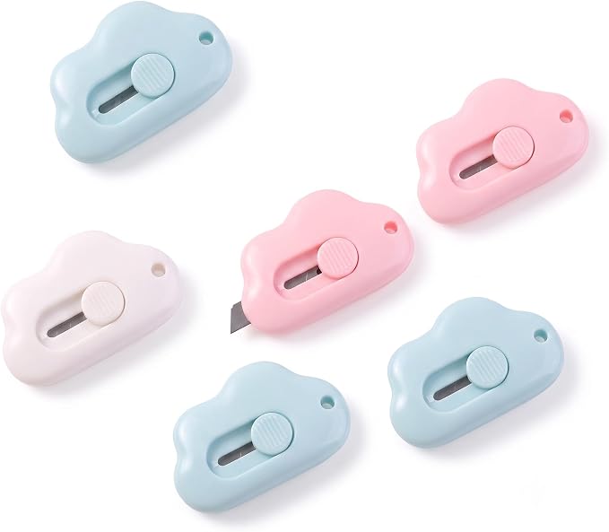 6 Pack Cloud Retractable Box Cutters Mini Package Openers | 6PCS cloud-shaped mini box cutters place compact package openers across home office desk craft travel or daily mail routines