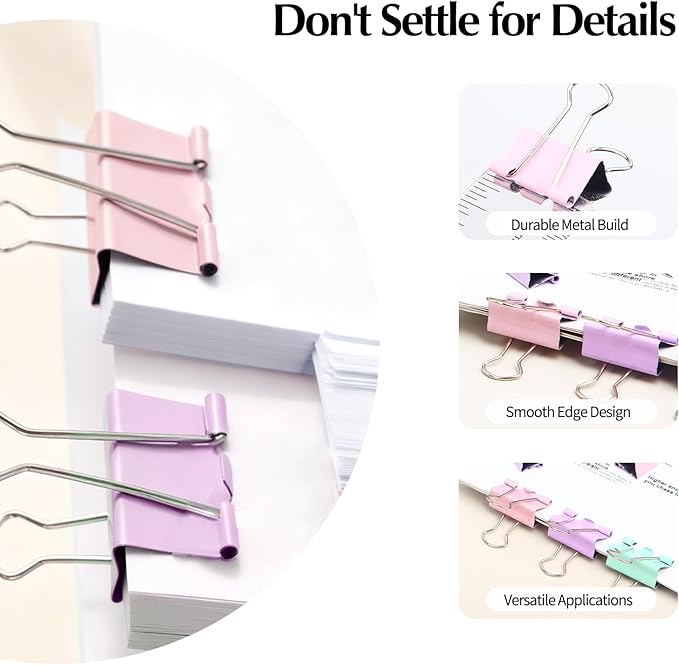 Binder Clips Assorted Sizes, Durable Metal Binder Clips for Office, Cute Desk Supplies for Teachers Student (120, Morandi)