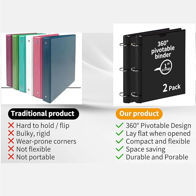 2 Pcs 360° Pivotable 3 Ring Binder, Soft 1 inch Binders 3 Ring, Flexible Thin Soft Three Ring Binder Fits 8.5" x 11", for Home, School and Office-Black