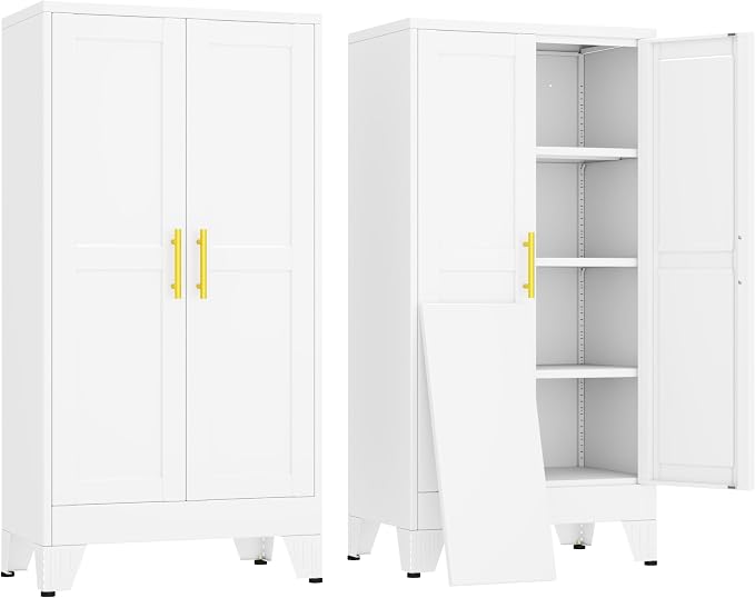 erosoei 47" H Metal Garage Storage Cabinet, Metal Pantry Cabinet with 2 Doors, Locker Steel Cabinet with 3 Adjustable Shelves, Freestanding Cupboard for Garage,Office,Home,Gym,School