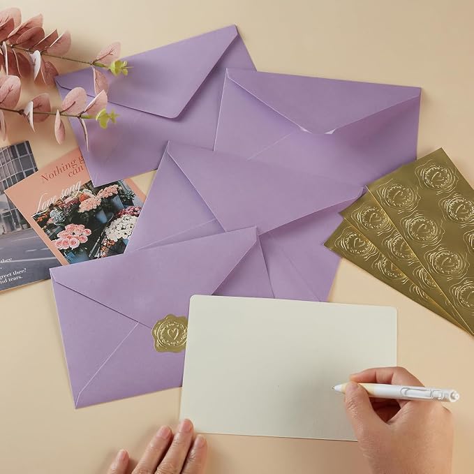 50 Pieces Shiny Envelopes with Gold Stickers, Purple, 5x7 | Gold Stickers Included, For Wedding Invitations, For Graduation, For Baby Shower, For Greeting Cards