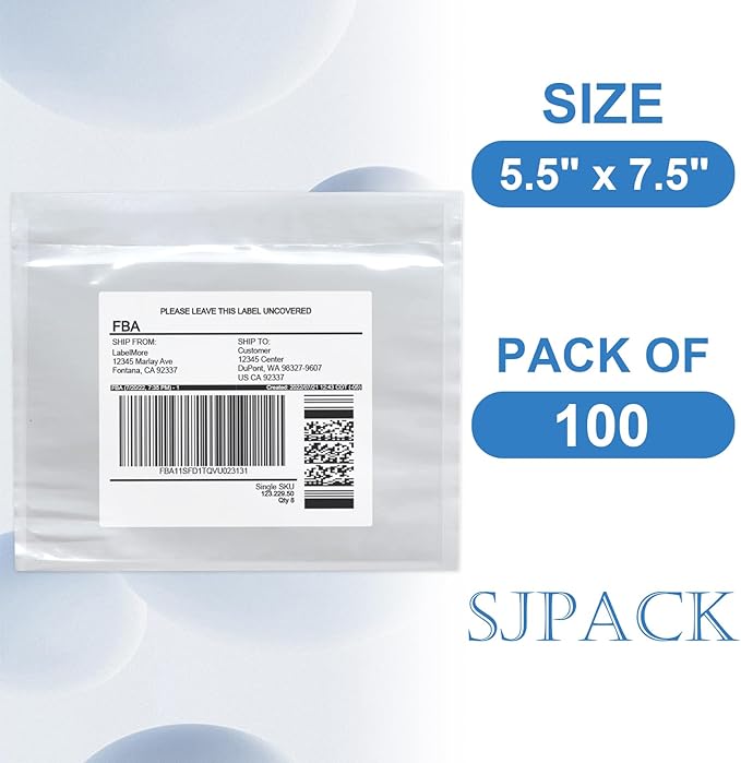 SJPACK 7.5" x 5.5" Shipping Label Sleeves, Clear Adhesive Top Loading Packing List, Label Envelopes Pouches - 100 Packs