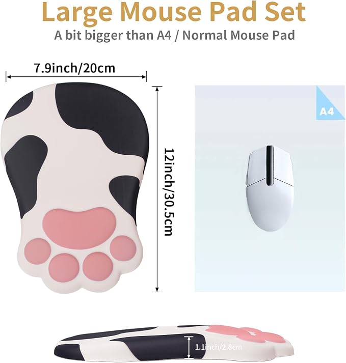 L-SPOUTTO Ergonomic Mouse Pad with Wrist Rest,Cute Mouse Pad Wrist Support | Cat Paw Comfortable Massage Design,Computer Pain Relief Mousepad with Non-Slip PU Base for Desk Laptop Gaming,Cow