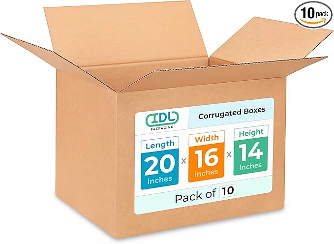 Large Shipping & Moving Boxes 20x16x14 inches (10-Pack) - Extra Strength 200 lb vs Regular - USA-Made Corrugated Moving Boxes for USPS/UPS/FEDEX - Cardboard Moving Box for Moving by IDL Packaging