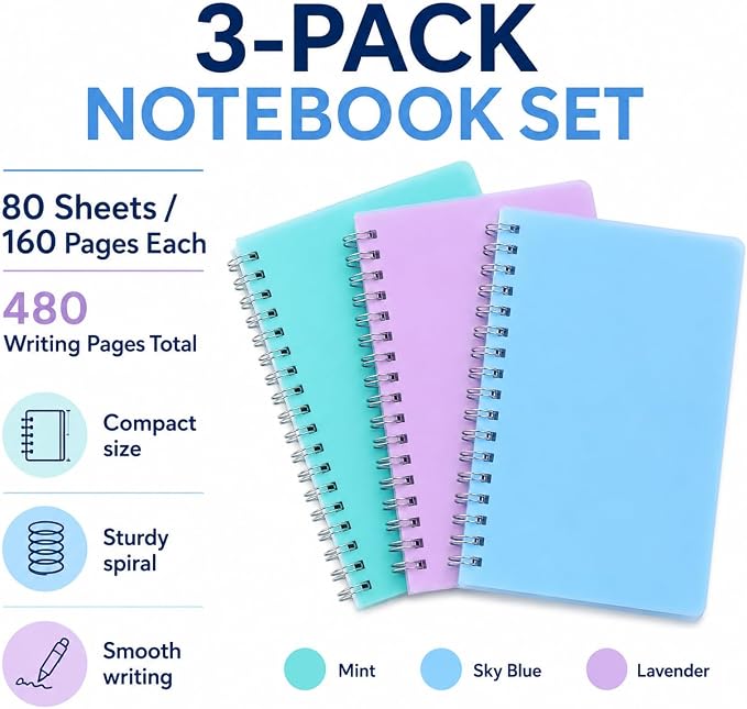 Spiral Notebook, 3 Pack Small Notebooks 4.3''x 5.7'',Mini Ruled Lined Journal, 480 Pages, College School Supplies Pocket Notebook for Work, Aesthetic Gift Office Supplies for Teen Girls,Boys | Cute Mini Notebook with Water Resistant Cover, 480 Pages To...