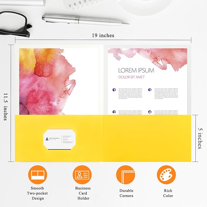 50Pcs Yellow with Pockets-2 Pocket Folders for Documents,Cute Paper Folders for Filing Cabinet,School,Office,Resume Portfolio