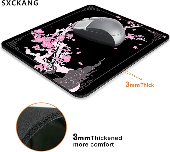 Japanese Aesthetic Mouse Pad, Pink Cherry Blossom Mousepad, Black Cute Small Mouse Mat for Work, Game, Office, Home, Computer Accessories - Japan Sakura Flowers Art, 9.5" x 7.9"