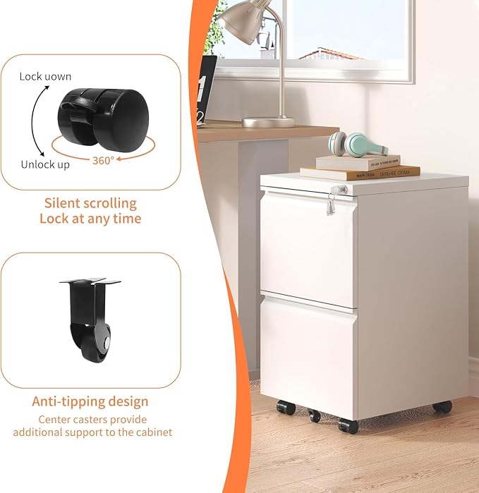 Guizeeopo 2 Drawer Locking File Cabinet, Fully Assembled Heavy-Duty Metal Filing Cabinets for Home Office, Quiet Slides, Anti-Tipping Wheels, Fits A4/Letter/Legal, Matte White