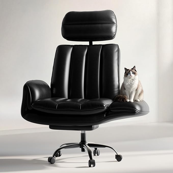 Criss Cross Office Chair with Armrests & Wheels, Comfy Big and Tall Chair, Ergonomic Executive Gaming Computer Chairs with Foot Rest, PU Leather Wide Seat Reclining Desk Chair, Black