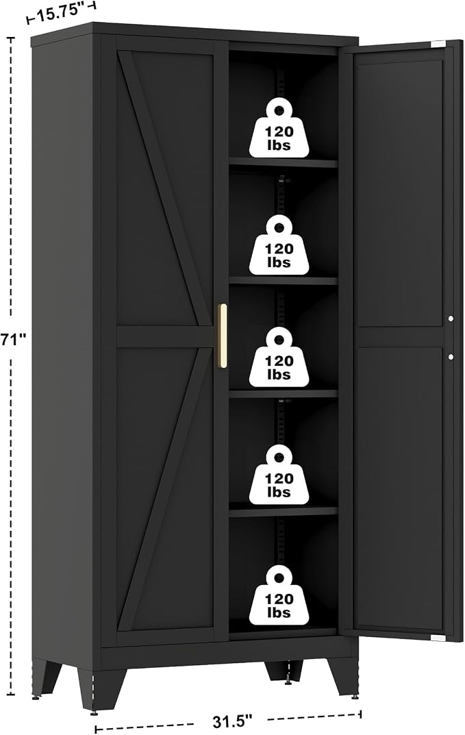 QINPTWUT 71" Metal Storage Cabinet with Doors and Shelves, Tall Pantry Cabinet in Black with 2 Doors & 4 Adjustable Shelves, All-Steel Farmhouse Cupboard for Kitchen, Living Room,Home Office,Garage