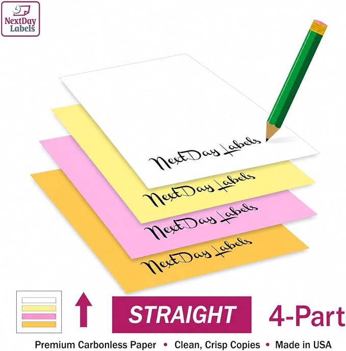 NextDayLabels 4 Part Straight Carbonless NCR Paper White Canary Pink Gold | 8.5" x 11" Pre-Collated Carbonless Copy Paper Delivers Clean Crisp Copies (500 Sheets) Works with Laser Inkjet Printers