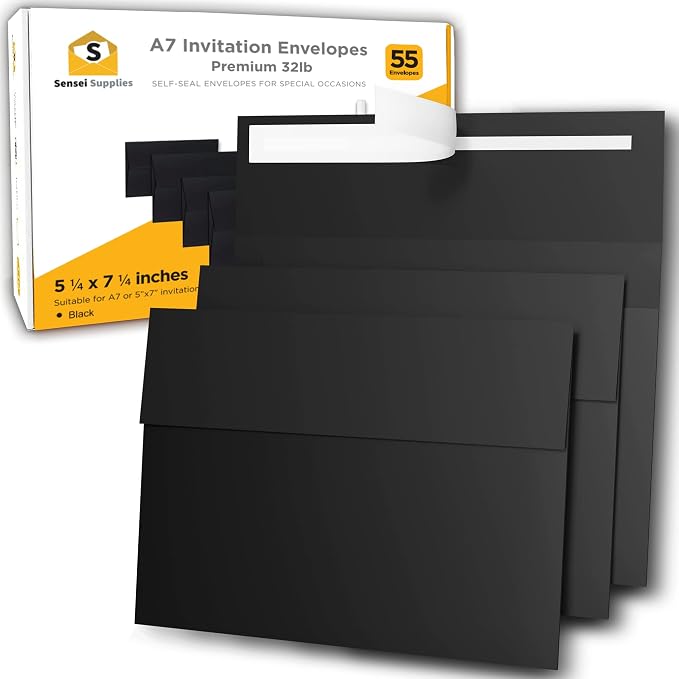 200 5x7 Black Invitation Envelopes - For 5x7 Cards - A7 - (5 ¼ x 7 ¼ inches) - Perfect for Weddings, Graduation, Baby Shower - 120 GSM - Peel, Press & Self Seal - Square Flap