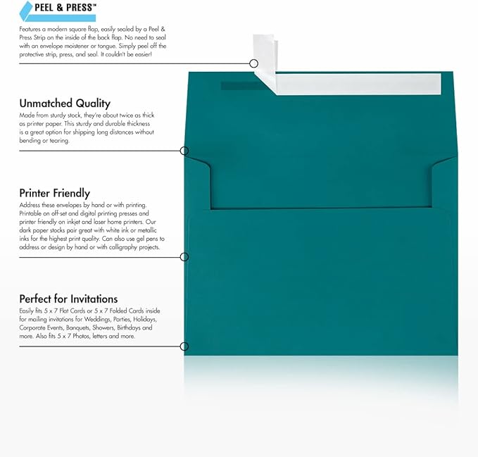 LUXPaper A7 Invitation Envelopes | Peel & Press | 5 1/4" x 7 1/4" | Teal | 80lb. Text | 50 Qty