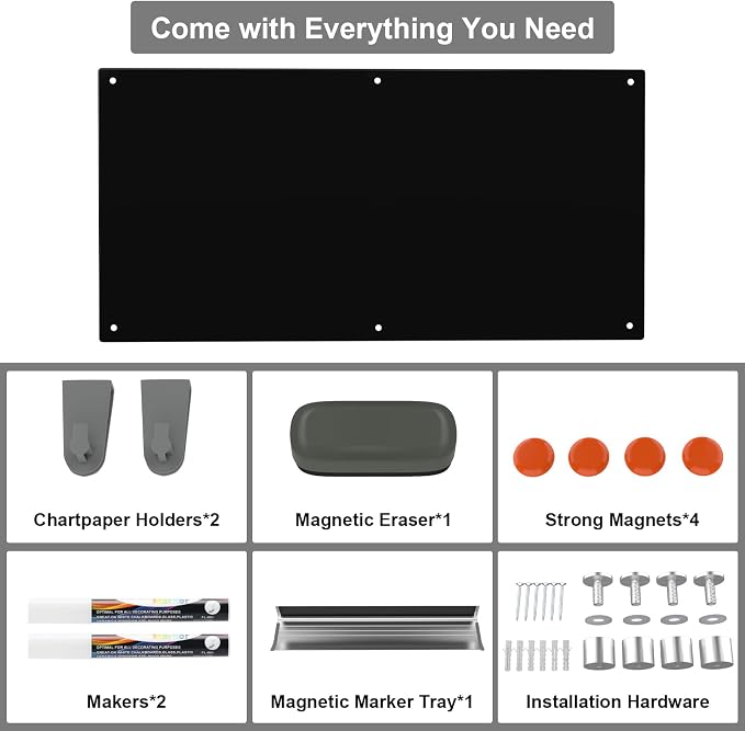 Wingwise Large Black Glass Dry Erase Board, 96 x 48 in Magnetic Blackboard | Frameless design, 8' x 4' dry erase whiteboard, ample writing space, great for corporate offices, classrooms, home