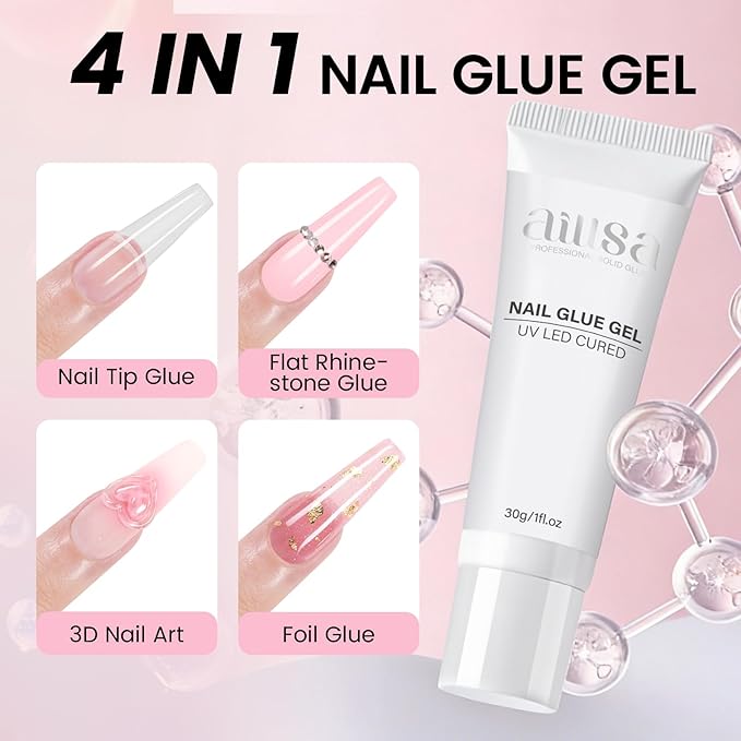 AILLSA Nail Tips and Glue Gel Kit Short Coffin Nail Tips 120pcs, Professional Glue Gel 30g for Fake Acrylic Nails, Full Cover Portable Mini U V Nail Lamp for DIY Salon Home