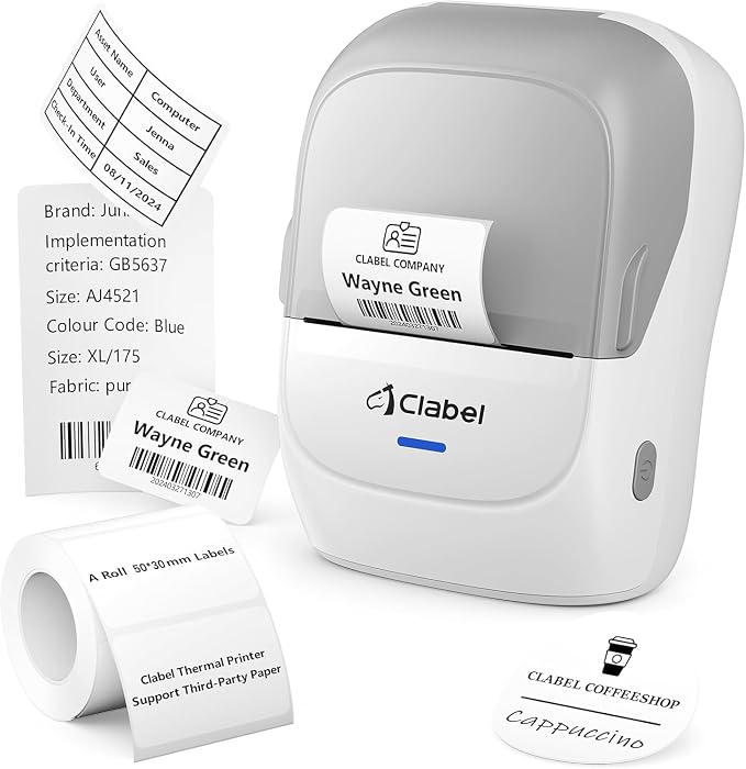 CLABEL Thermal Label Maker Machine 221B Mini Portable Label Printer Thermal Labeling Printing Machine Sticker Bluetooth Label Printer Barcode Inkless Labelmaker for Price Logo Clothing (Gray White)