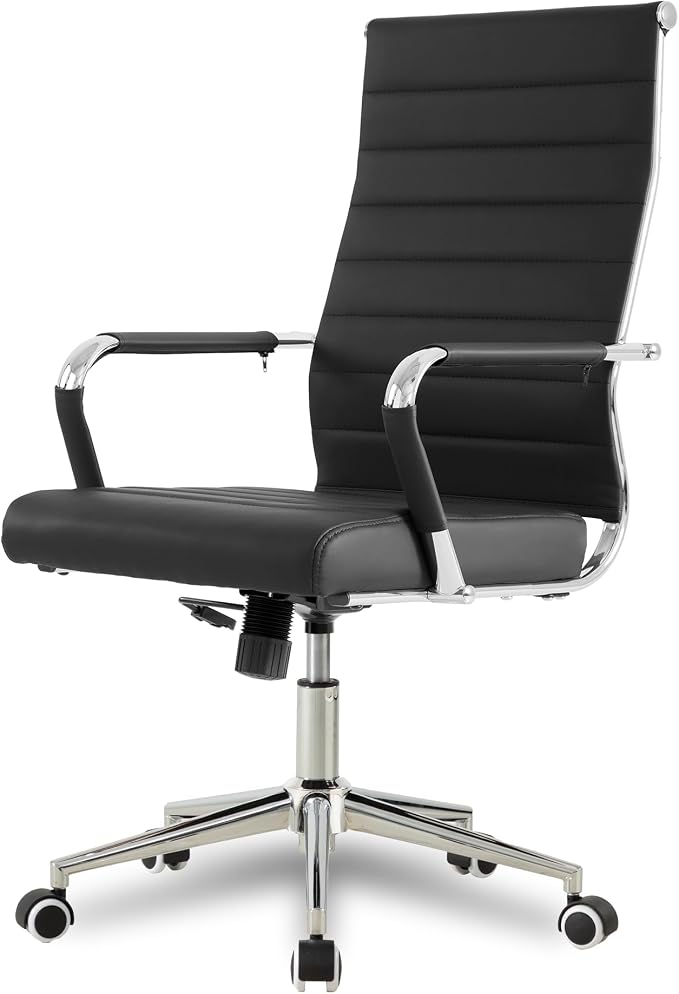 Okeysen Office Desk Chair, Ergonomic Leather Modern Conference Room Chairs, Executive Ribbed Height Adjustable Swivel Rolling Chair for Home Office Set of 1. (Black)