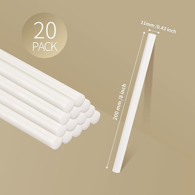 MATUFF White Hot Glue Sticks Full Size 0.43” Dia x 8” Long, 20 pcs Hot melt Adhesive Glue Sticks, All-Purpose Colored Glue Gun Sticks for DIY White Crafting Arts and Wedding Cards, Stamp Sealing