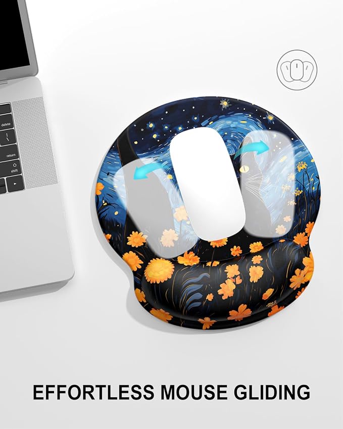 Auhoahsil Ergonomic Mouse Pad with Wrist Rest, Comfortable Silicone Non-Slip Computer Pain Relief Gel Mouse Mat with Wrist Support for Gaming, Work, Office, Women & Men, Cute Pattern, Star Cat